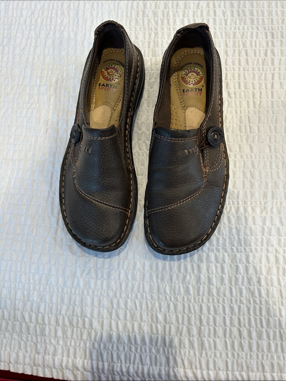 Earth Spirit Brown Leather Slip-On Loafers with Button Accent